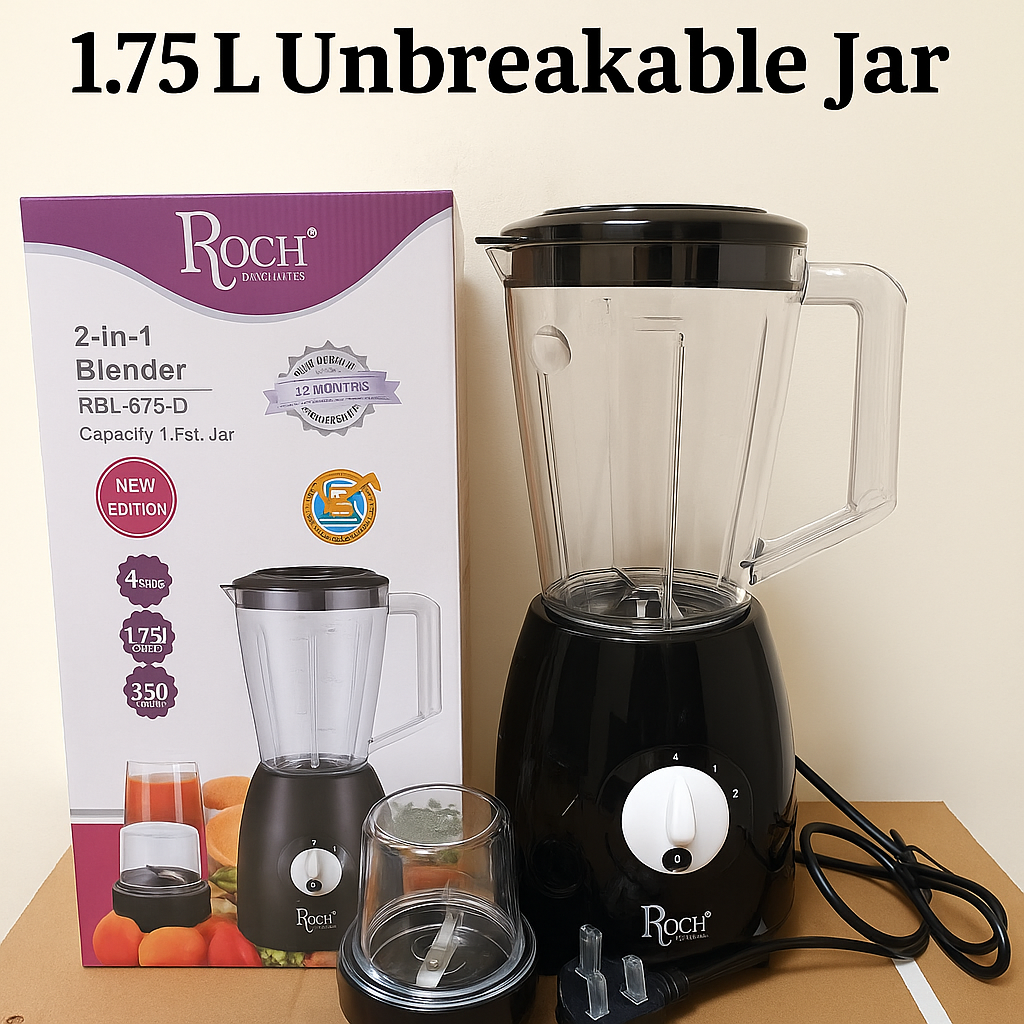 Roch 2-in-1 Blender – 1.75L Unbreakable Jar & Grinder Cup – 350 Watts, 4 Speed Settings + Pulse – Powerful Multi-Purpose Kitchen Blender for Smoothies, Juices, and Dry Grinding