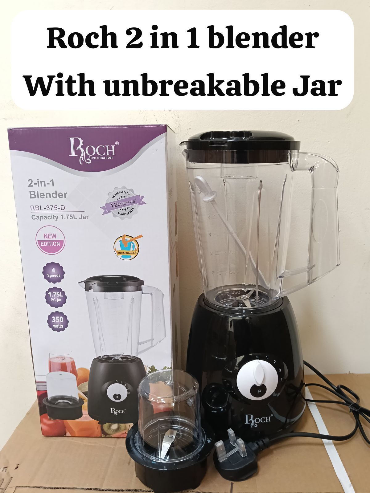 Roch 2-in-1 Blender – 1.75L Unbreakable Jar & Grinder Cup – 350 Watts, 4 Speed Settings + Pulse – Powerful Multi-Purpose Kitchen Blender for Smoothies, Juices, and Dry Grinding