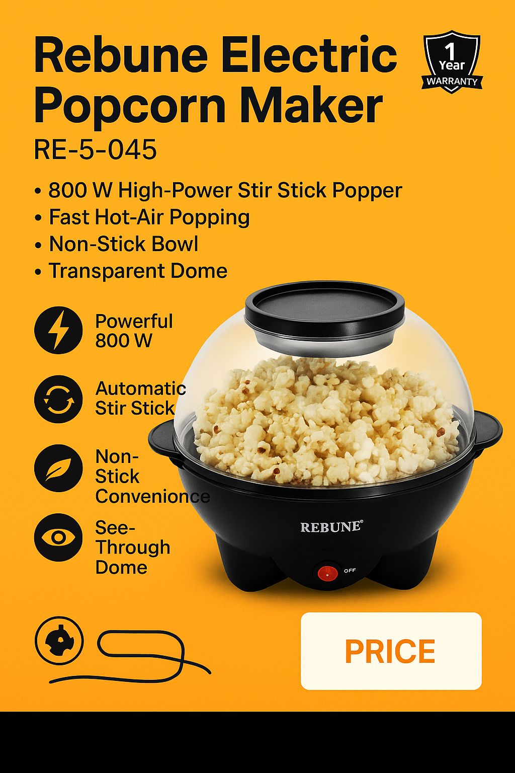 Rebune Electric Popcorn Maker RE-5-045 | 800 W High-Power Stir Stick Popper | Fast Hot-Air Popping | Non-Stick Bowl | Transparent Dome | 1-Year Warranty | Home Cinema & Party Snack Machine