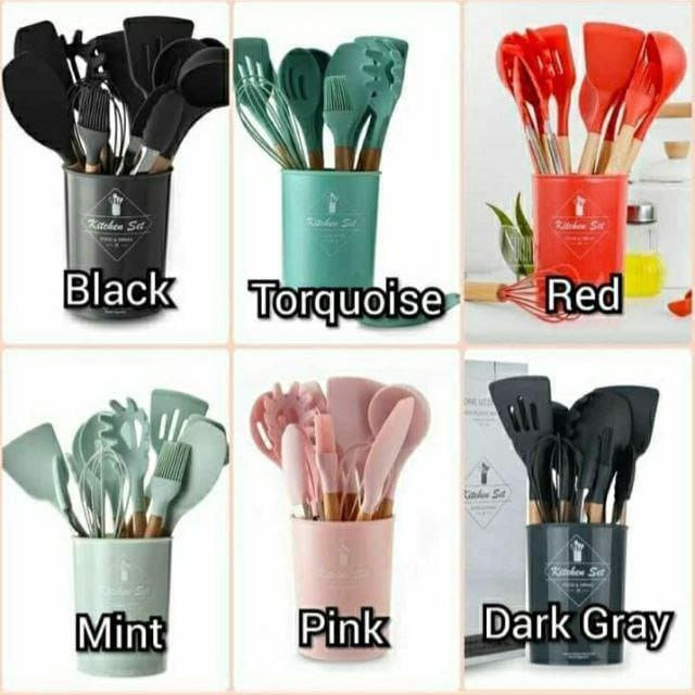 11-Piece Silicone Spoon & Kitchen Utensil Set | Heat-Resistant Non-Stick Cooking Tools with Wooden Handles | Multiple Colors: Black, Dark Gray, Brown, Red, Pink & Green