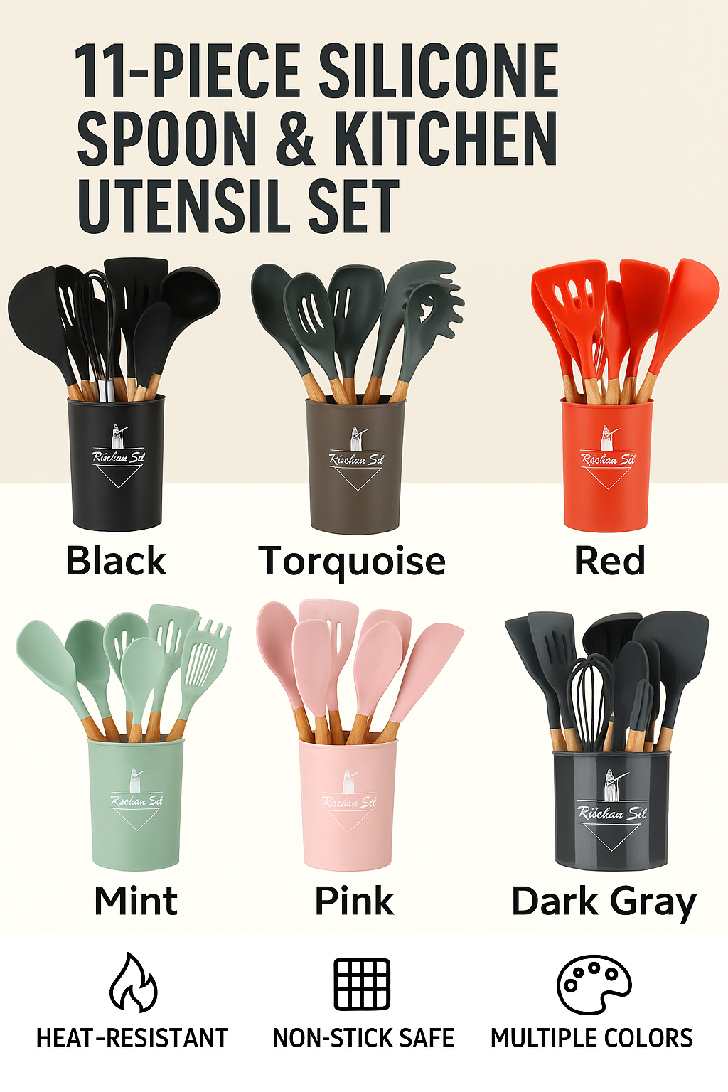 11-Piece Silicone Spoon & Kitchen Utensil Set | Heat-Resistant Non-Stick Cooking Tools with Wooden Handles | Multiple Colors: Black, Dark Gray, Brown, Red, Pink & Green