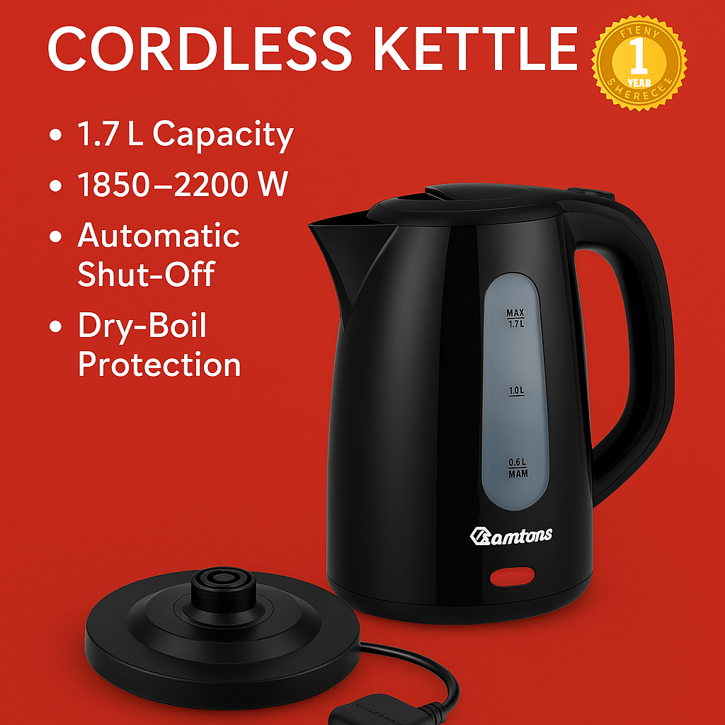 Ramtons Cordless Electric Kettle – 1.7 L, 1850–2200 W, Auto Shut-Off, Dry-Boil Protection, RM/766
