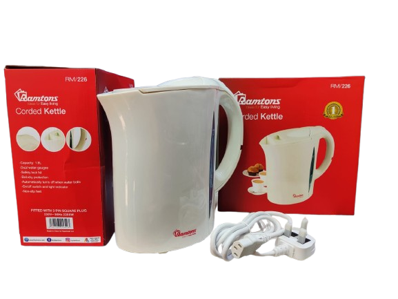 Ramtons Corded Electric Kettle – 1.8 L, 2200 W, Dual Water Gauges, Safety Lock Lid, RM/226