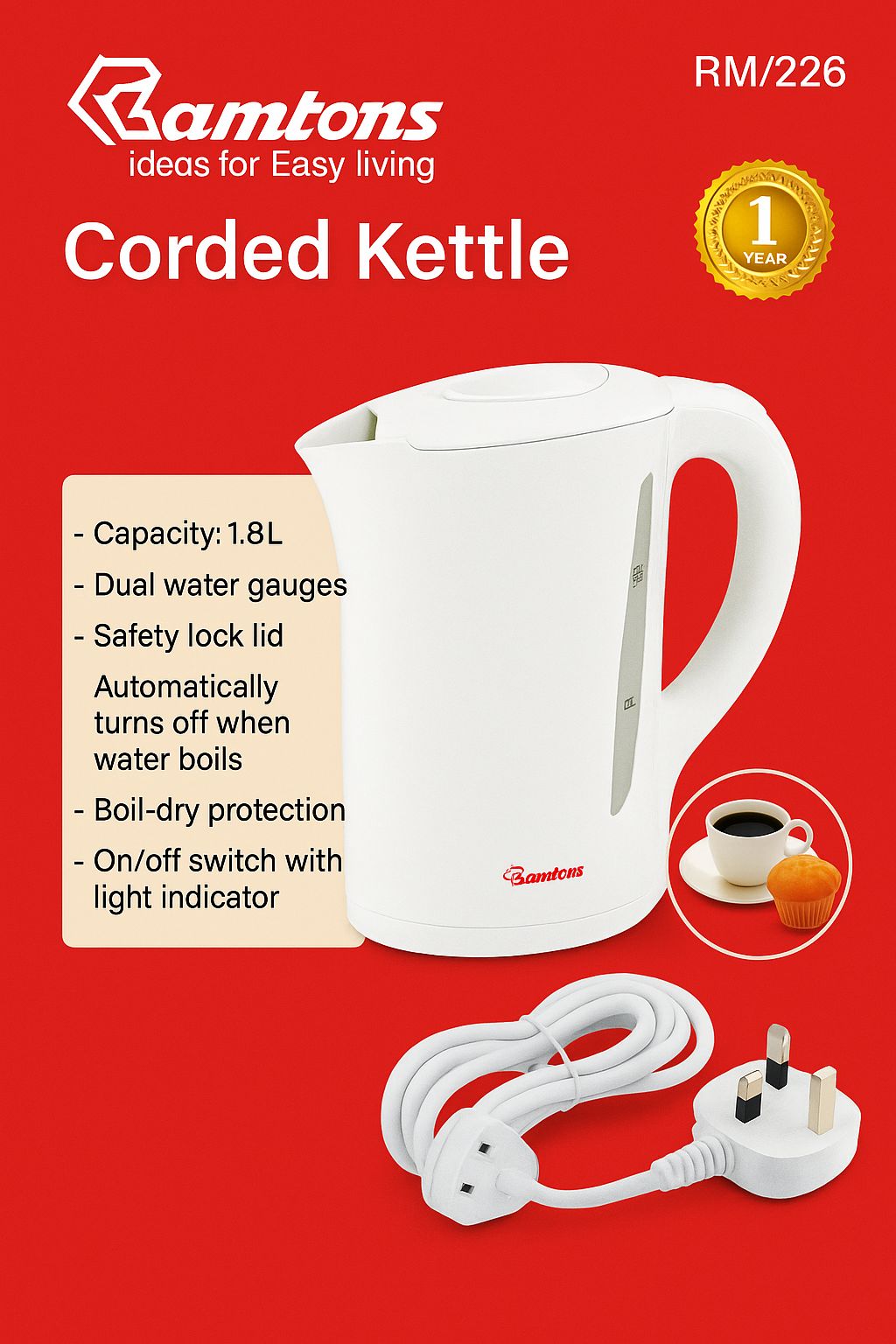 Ramtons Corded Electric Kettle – 1.8 L, 2200 W, Dual Water Gauges, Safety Lock Lid, RM/226