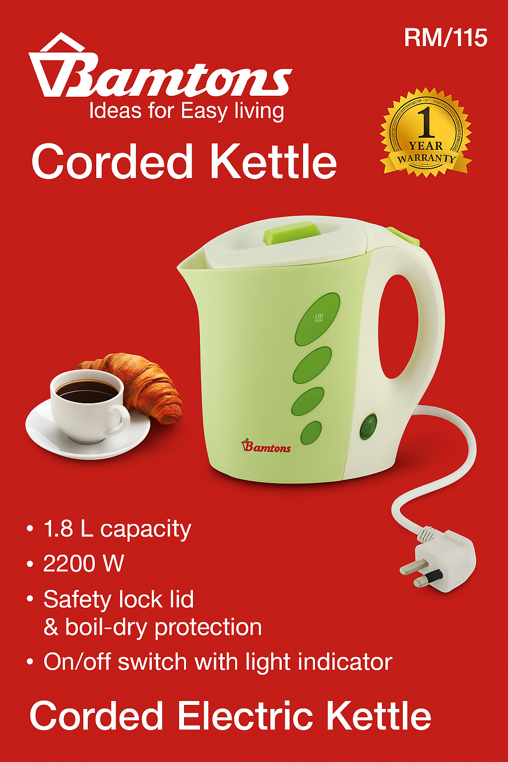 Ramtons Corded Electric Kettle – 1.8 L, 2200 W, Safety Lock Lid & Boil-Dry Protection, RM/115