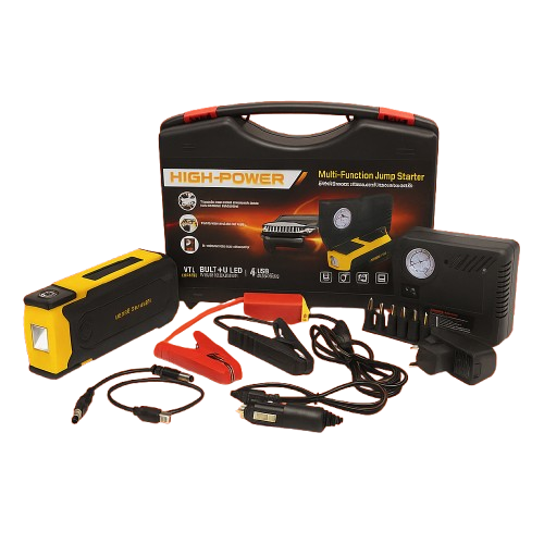 High-Power Multi-Function Jump Starter Kit – 4USB Power Bank, LED Flashlight, Car Air Compressor, and 12V DC Output | Portable Emergency Car Battery Booster