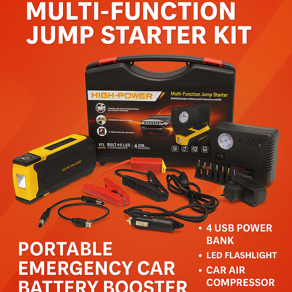 High-Power Multi-Function Jump Starter Kit – 4USB Power Bank, LED Flashlight, Car Air Compressor, and 12V DC Output | Portable Emergency Car Battery Booster