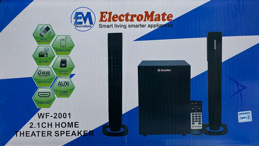 Electromate WF-2001 2.1CH Bluetooth Home Theater System – Powerful Subwoofer, Clear Surround Sound, USB/SD/FM/AUX/HDMI, Remote Control & TV/Phone Compatibility – Premium Black Design