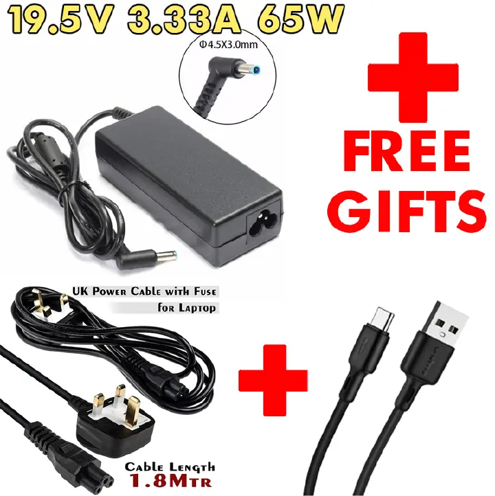 🔵HP Blue Pin Charger Kit – 19.5V 3.33A + Free USB Cable + Power Cable – Full Replacement Bundle for EliteBook, ProBook, Pavilion, Compaq Laptops