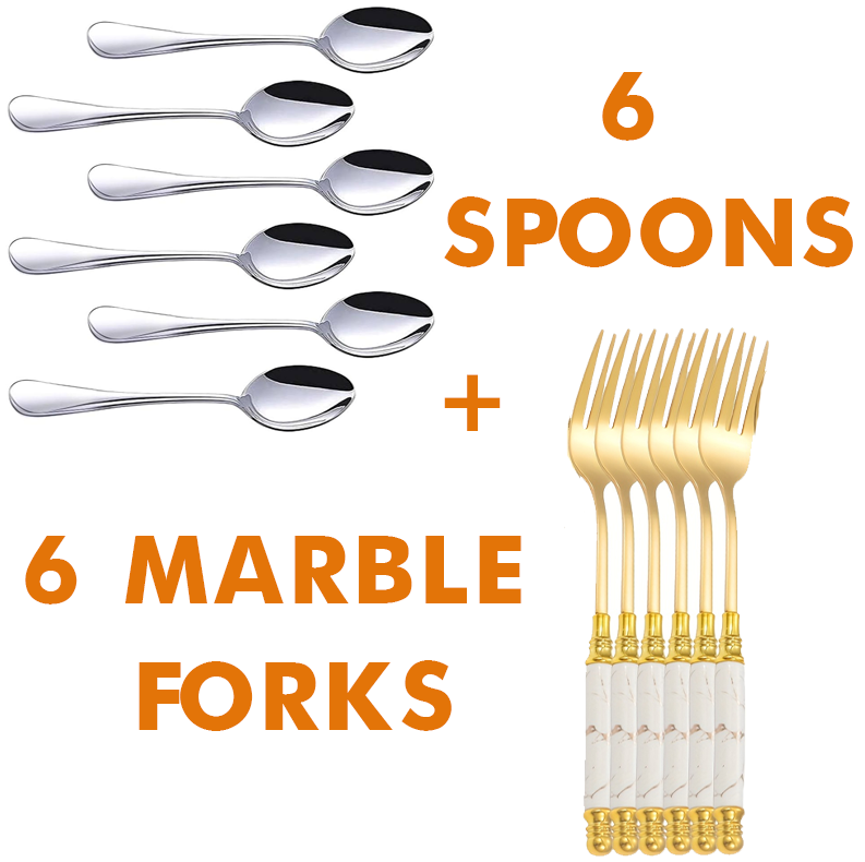 High Quality!!! 12-Piece Stainless Steel Spoon Set / Marble Handle Cutlery.  Combo Set | Elegant Stainless Steel Dining Utensil– Durable & Elegant Cutlery. Perfect for family use or guest hosting