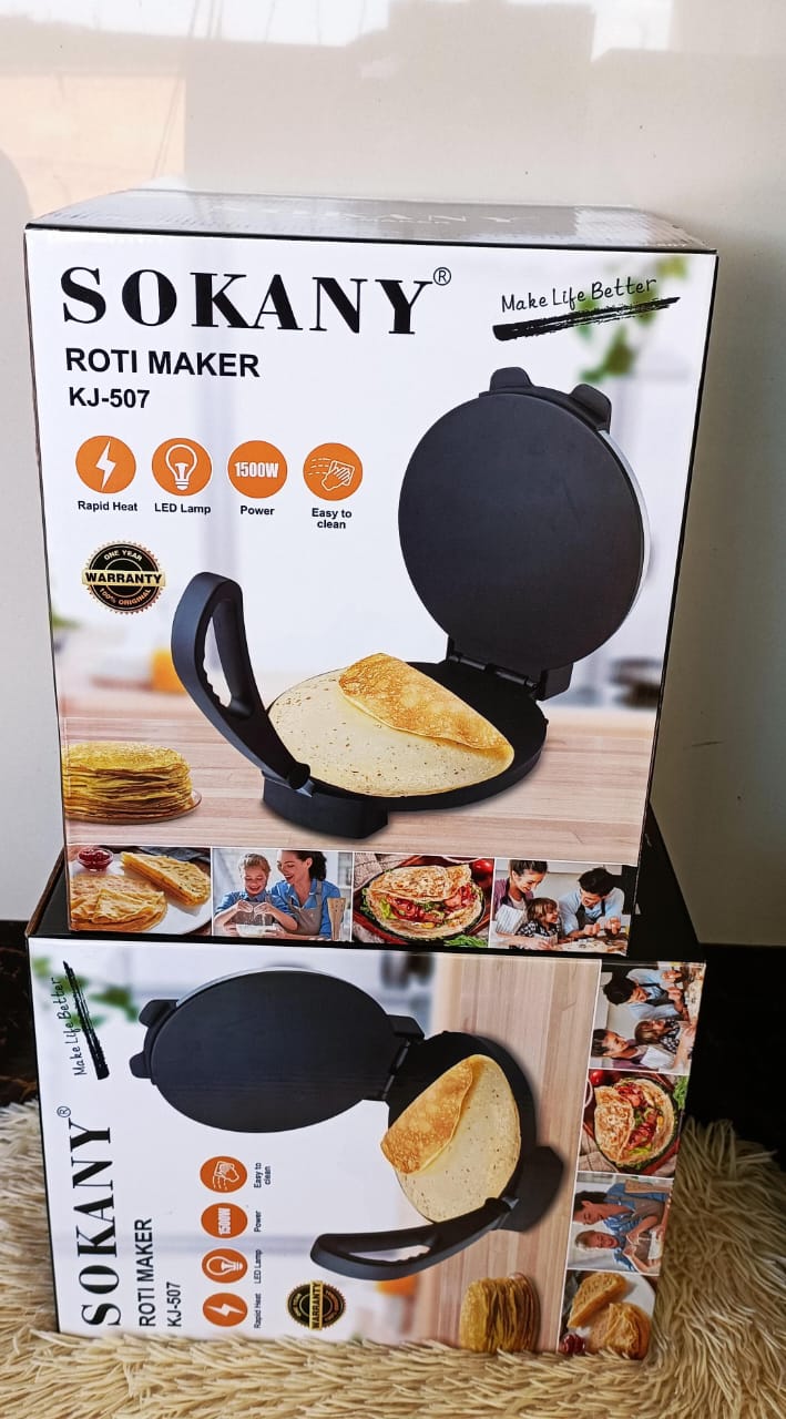 Sokany 12-Inch Electric Roti/Chapati Maker – Non-Stick Plate, Adjustable Temperature Control, 3-Pin Plug, 1200W Powerful Press Machine for Soft Chapatis & Flatbreads
