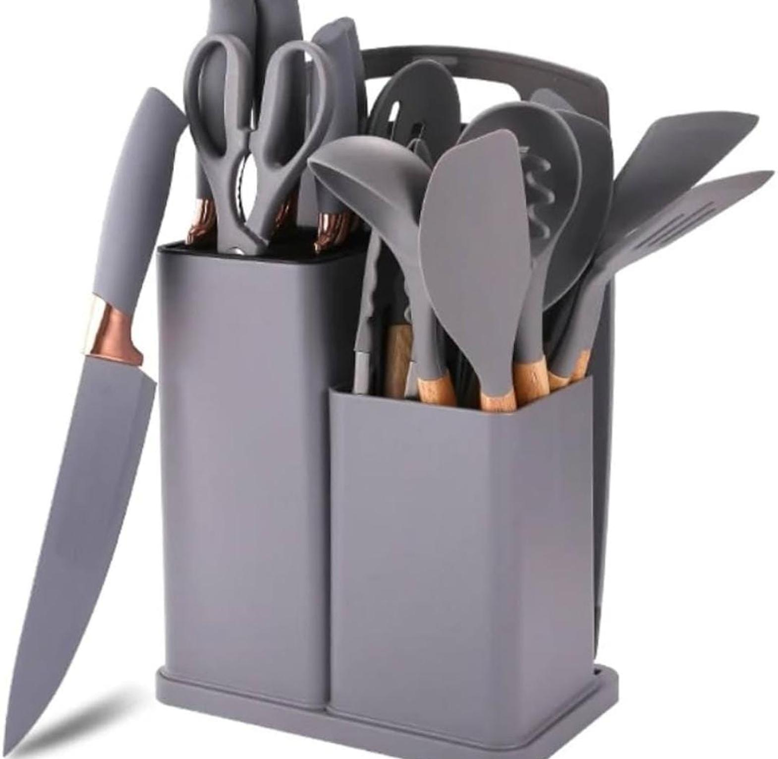 Original 19-Piece Silicone Kitchen Utensil Set – Includes Spoons, Knives & Chopping Board – Heat Resistant, BPA-Free, Non-Stick, Dishwasher Safe – Premium Black & Gray Cooking Tools Set for Home & Pro