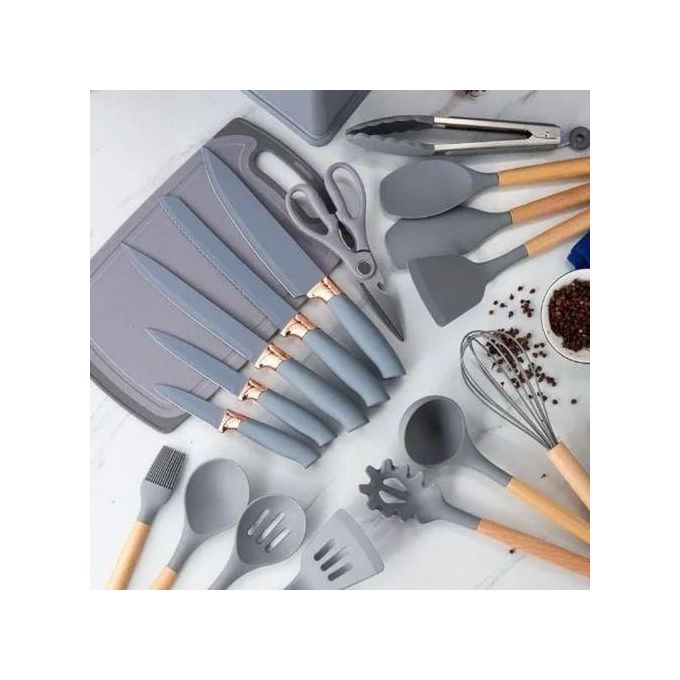 Original 19-Piece Silicone Kitchen Utensil Set – Includes Spoons, Knives & Chopping Board – Heat Resistant, BPA-Free, Non-Stick, Dishwasher Safe – Premium Black & Gray Cooking Tools Set for Home & Pro