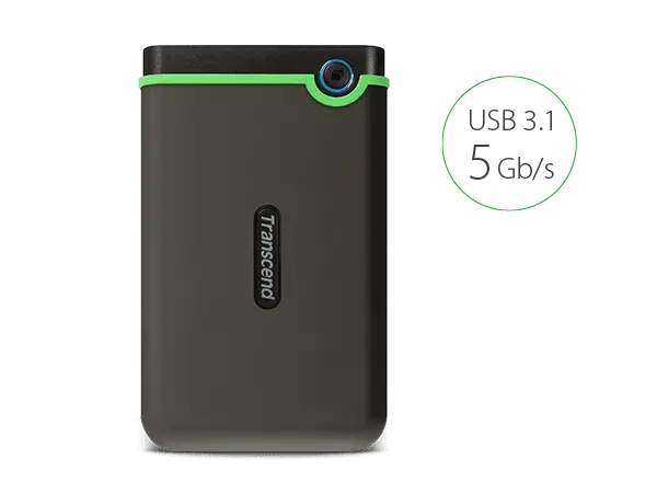 USED Transcend StoreJet 25M3 1TB / 2TB Portable External Hard Drive – USB 3.1 Gen 1, Military-Grade Shockproof Design, One-Touch Auto Backup, High-Speed Data Transfer for PC, Mac & Gaming Consoles