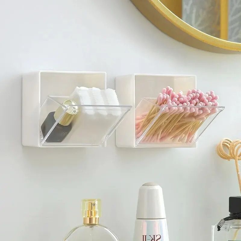 2pcs set  Plastic Wall Mounted Storage Box Dustproof Bathroom Organizer  for Cotton Swabs Cosmetic Jewelry Self-Adhesive Holder Boxes