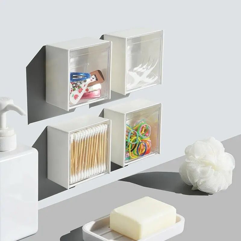 2pcs set  Plastic Wall Mounted Storage Box Dustproof Bathroom Organizer  for Cotton Swabs Cosmetic Jewelry Self-Adhesive Holder Boxes