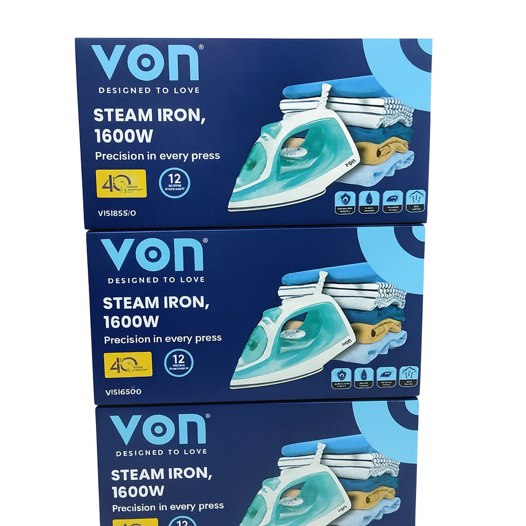 Brand New Original VON Steam Iron Box 1600W Ceramic Soleplate Self-Cleaning Function - Green + 1 Year Guaranteed Warranty.