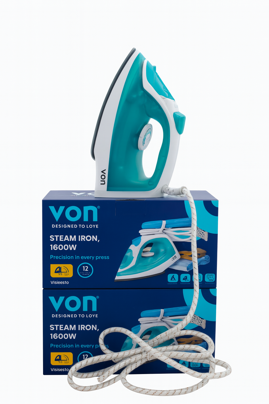 Brand New Original VON Steam Iron Box 1600W Ceramic Soleplate Self-Cleaning Function - Green + 1 Year Guaranteed Warranty.