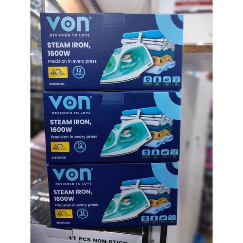 Brand New Original VON Steam Iron Box 1600W Ceramic Soleplate Self-Cleaning Function - Green + 1 Year Guaranteed Warranty.