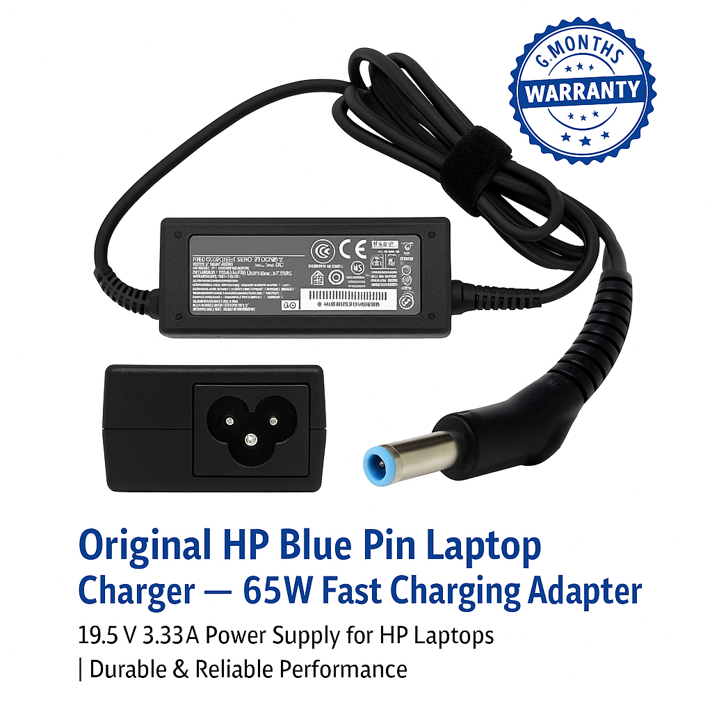 Original Hp Blue Pin Laptop Adapter – 65W Fast Charging Adapter | 19.5V 3.33A Power Supply for HP Laptops | Durable & Reliable Performance + Free Power cable.