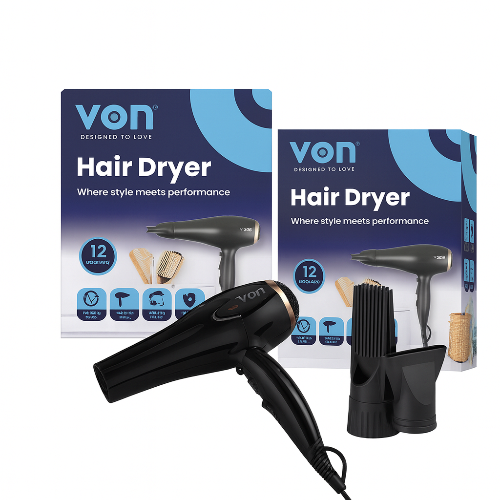 Von Hair Dryer 2000W – Professional Salon-Quality Hair Dryer with 2 Speed & 2 Heat Settings, Cool Shot Function, and Comb Attachments.