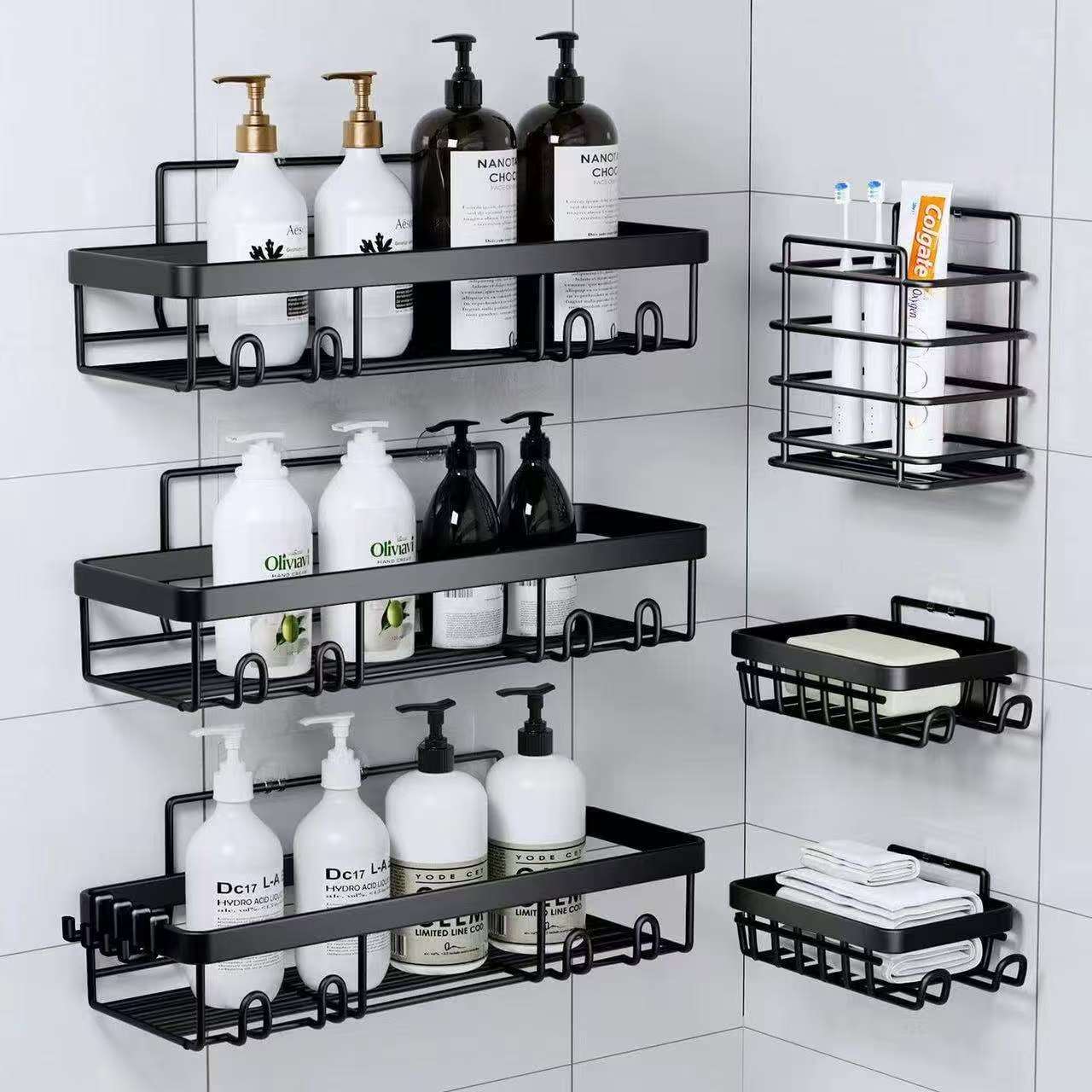 6PCS Rustproof Shower Caddy Shelf Set – Strong Adhesive Bathroom Organizer for Smooth Tile & Marble Walls
