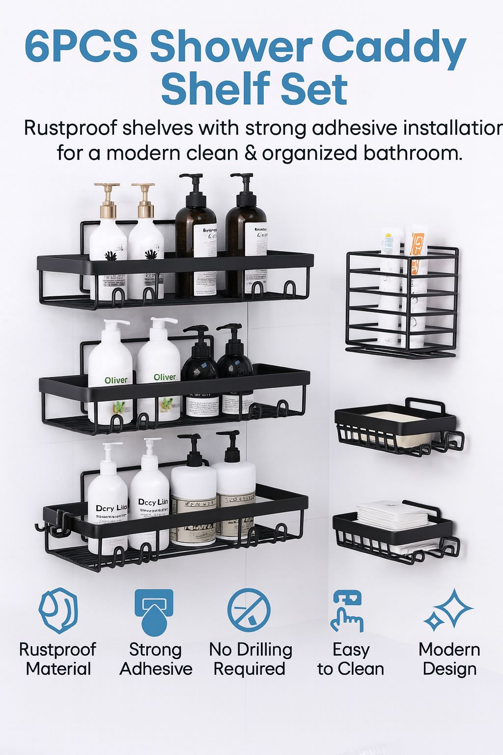 6PCS Rustproof Shower Caddy Shelf Set – Strong Adhesive Bathroom Organizer for Smooth Tile & Marble Walls