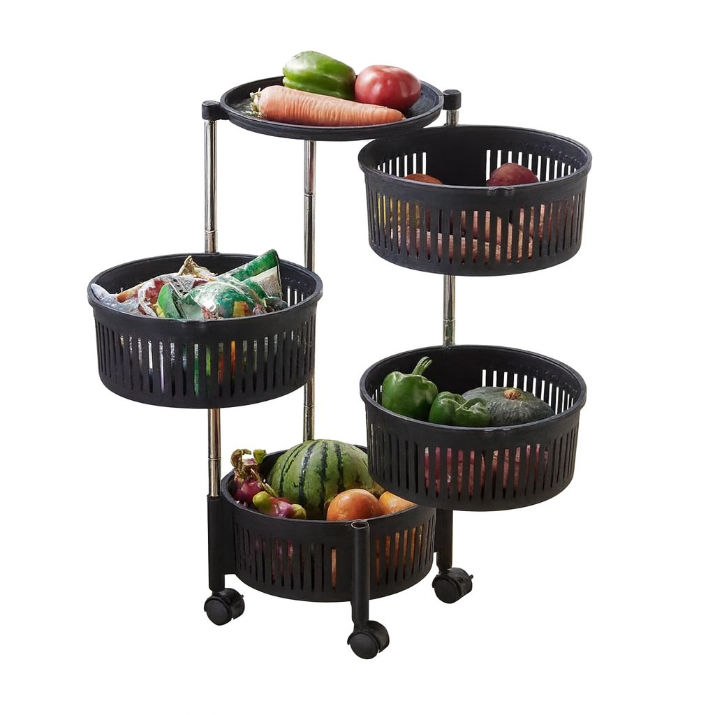 4-Tier Rotating Fruit & Vegetable Storage Rack - Modern Kitchen Organizer with Wheels.
