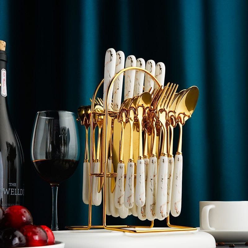🌟 Exquisite 24-Piece Gold Marble Cutlery Collection – Style, Sophistication & Quality | 💎 Luxury Gold Marble Cutlery Dinner Set – Perfect for Modern Elegant Homes.