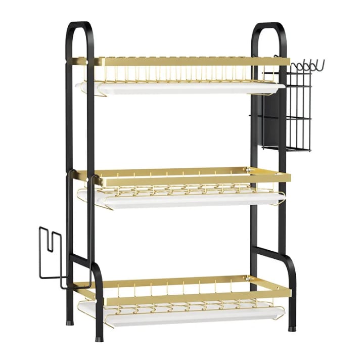 Modern 3-Layer Black & Gold Dish Drying Rack – Strong, Spacious & Elegant | Luxury 3-Tier Black & Gold Dish Rack – Advanced Kitchen Drying & Storage Solution.