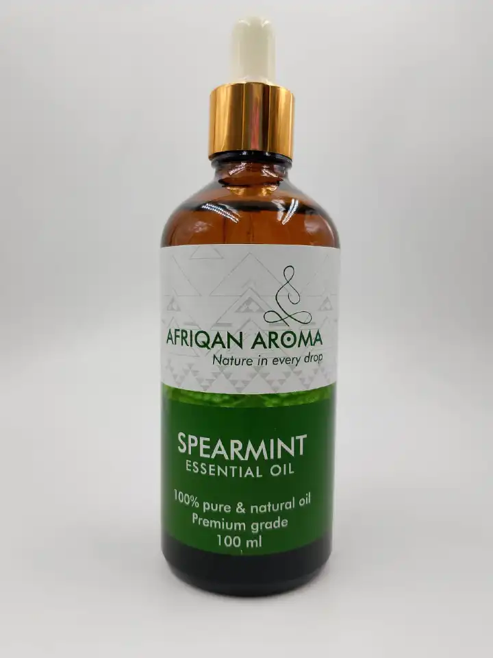 AFRIQAN AROMA SPEARMINT ESSENTIAL OIL  Spearmint essential oil is often used to help balance hormones, especially by gently reducing excess androgens.slow unwanted facial hair growth and aromatherapy.