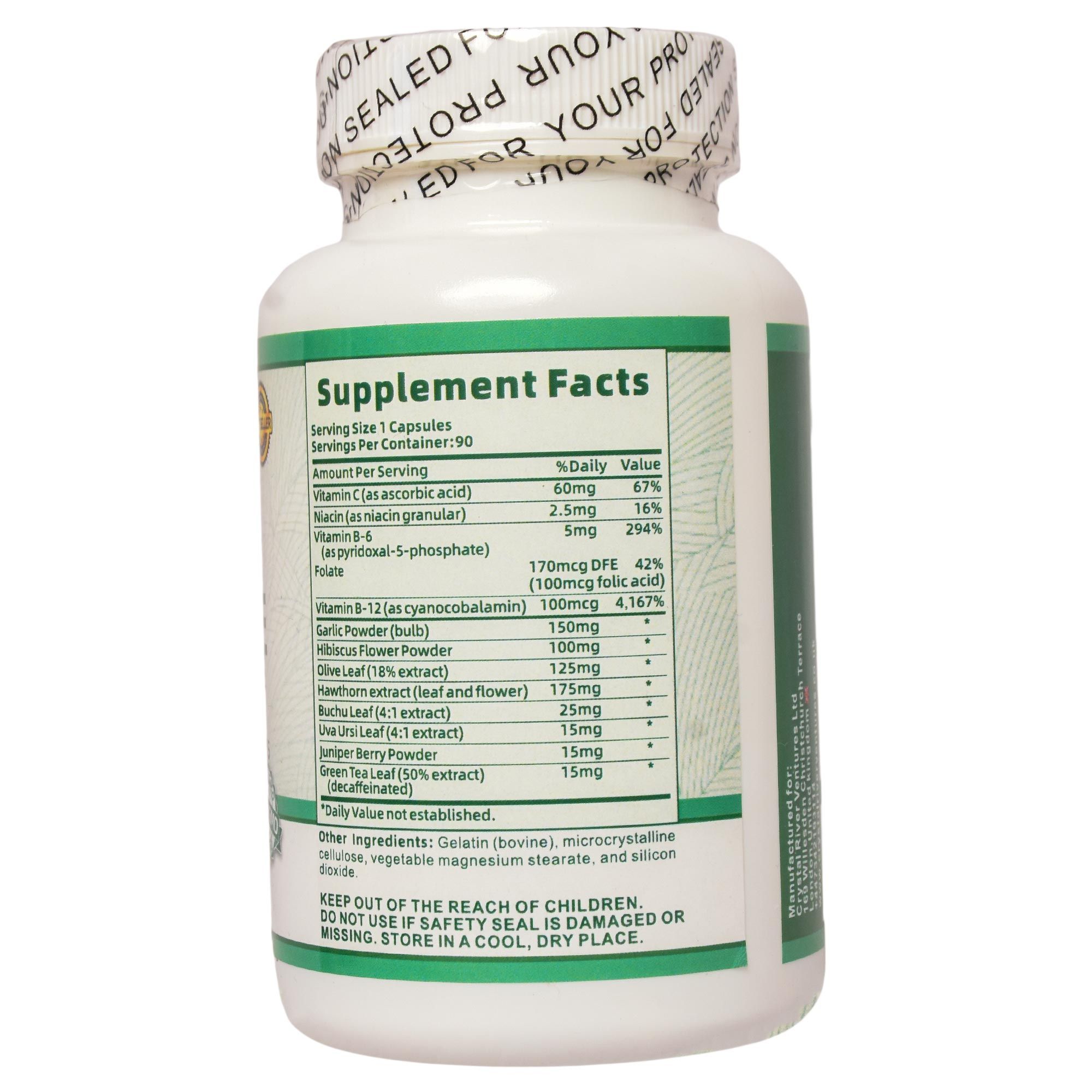 BLOOD PRESSURE SUPPORT CAPSULES(With hawthorn extracts,hibiscus flower ,green tea extracts,juniper berry,buchu leaf,vitamin b12,vitaminb6,niacin,folate,vitamin c,olive leaf ,garlic powder,uva ursi.)