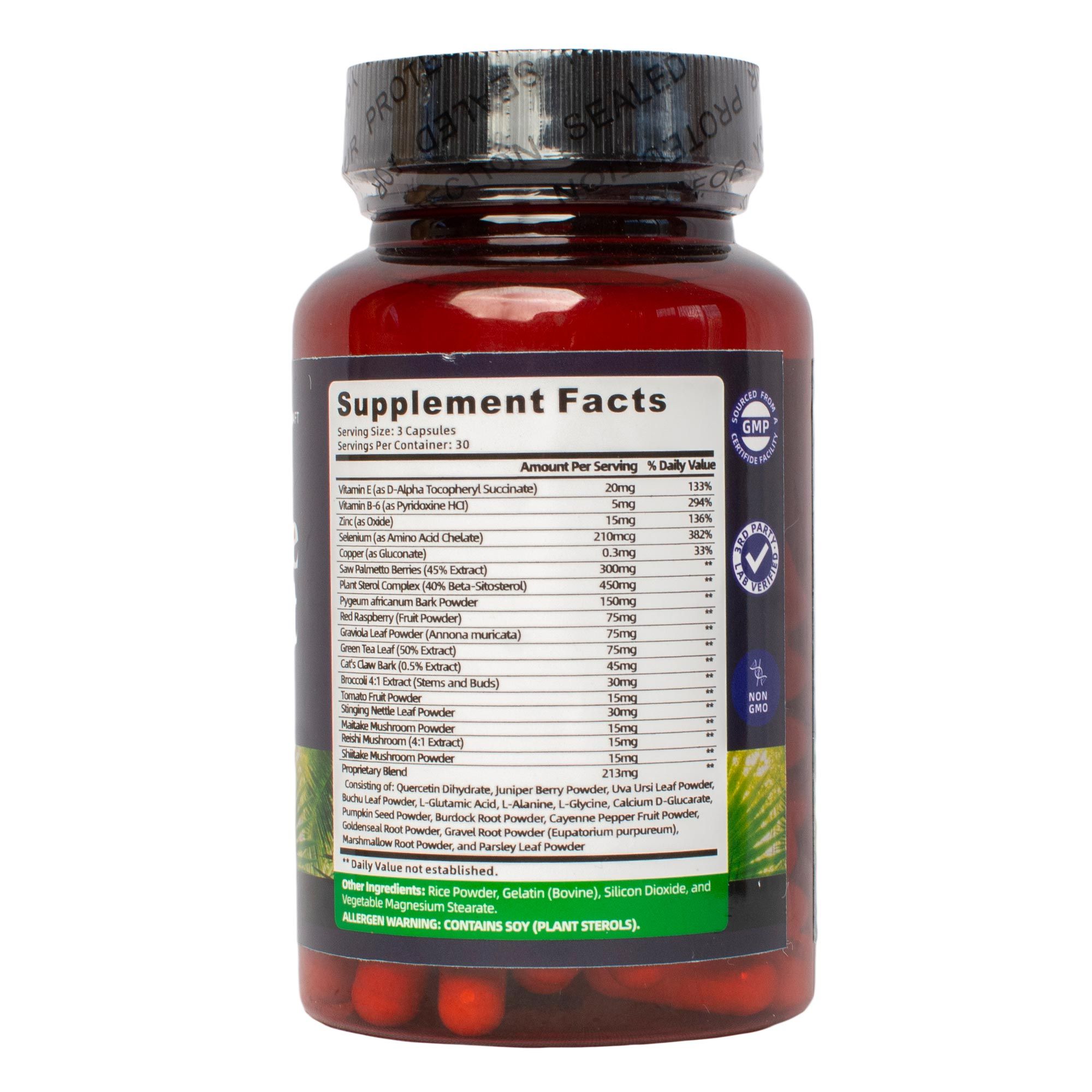 PROSTATE SUPPORT CAPSULES (pygeum,saw palmetto,red raspberry,stinging nettle,graviola,green tea,cats claw,zinc,vitamin b6,vitamin e,selenium,copper,maitake mushroom, reishi mushroom,shiitake mushroom)