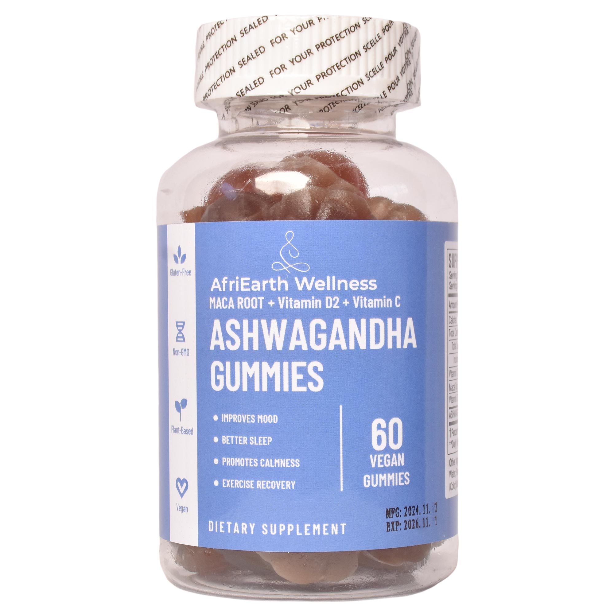 AFRIEARTH WELLNESS ASHWAGANDHA GUMMIES WITH MACA ROOT,VITAMIN C AND VITAMIN D2(to support stress relief, hormonal balance, mood elevation, immune strength, energy, and overall wellbeing.