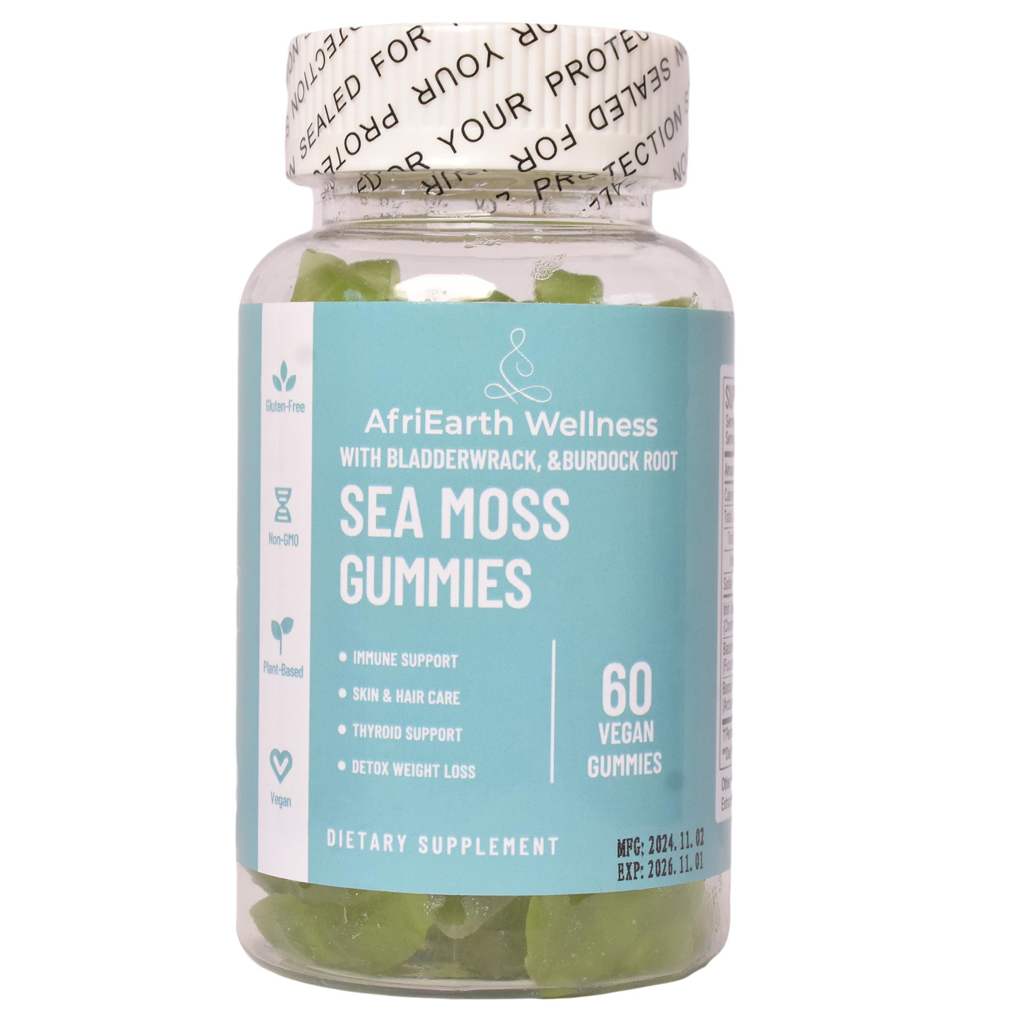 AFRIEARTH WELLNESS SEA MOSS GUMMIES WITH BLADDERWRACK &BURDOCK ROOT(For Immunity • Thyroid Health • Skin Glow • Digestion • Detox • Energy,used to nourish the body with minerals, support digestion.)