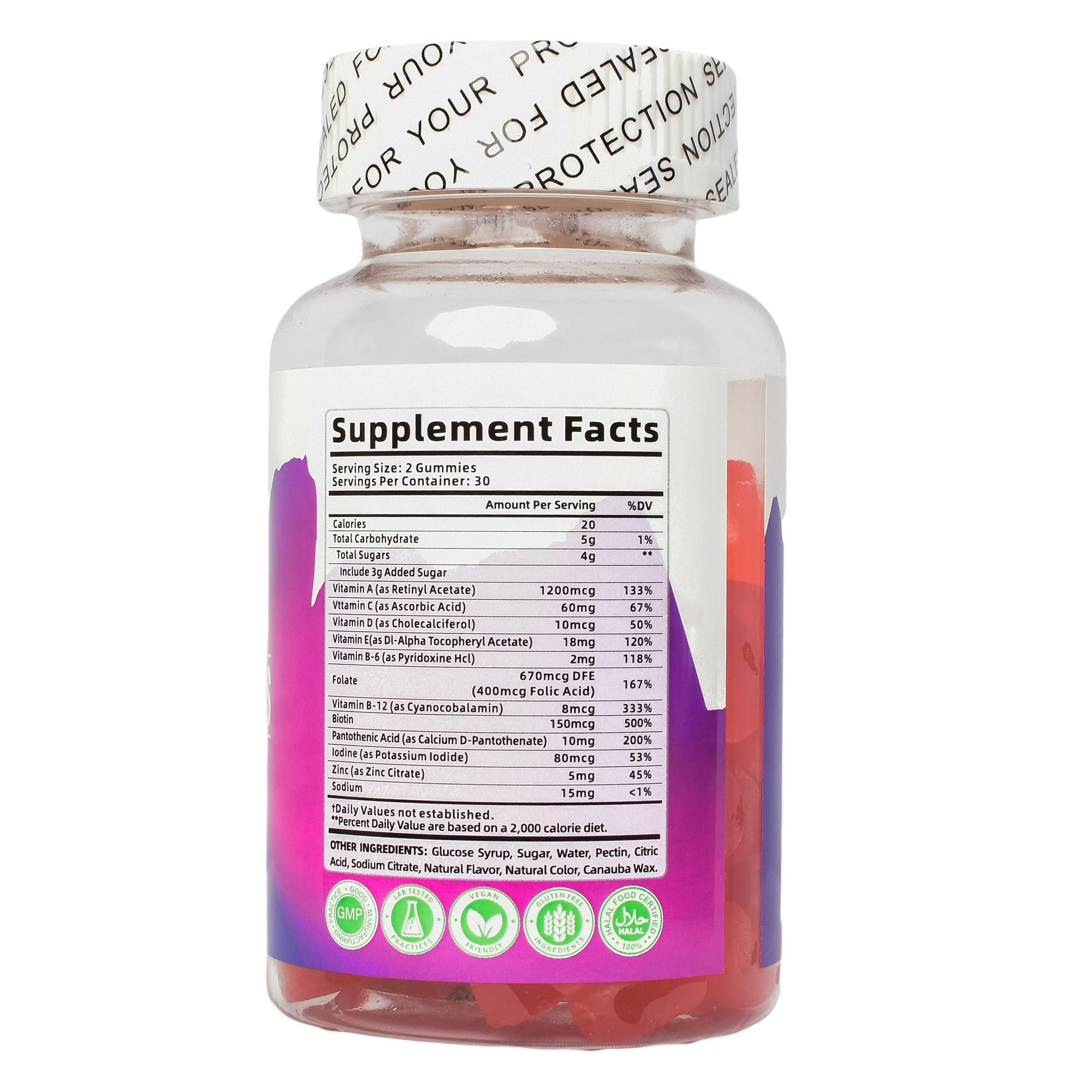 MULTIVITAMINS GUMMIES WITH (Vitamin A,C,D,E,B6,B12,FOLATE,BIOTIN,IODINE,ZINC,SODIUM,support immunity, hormones, skin, hair, mood, metabolism, and overall wellness. Each ingredient plays a unique role