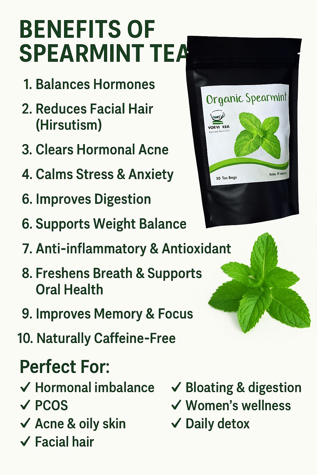 ORGANIC SPEARMINT TEA 50 TEA BAGS(one of the most powerful natural hormone-balancing teas, especially for women with acne, facial hair (hirsutism), PCOS, cystic breakouts, PMS, and bloating.)