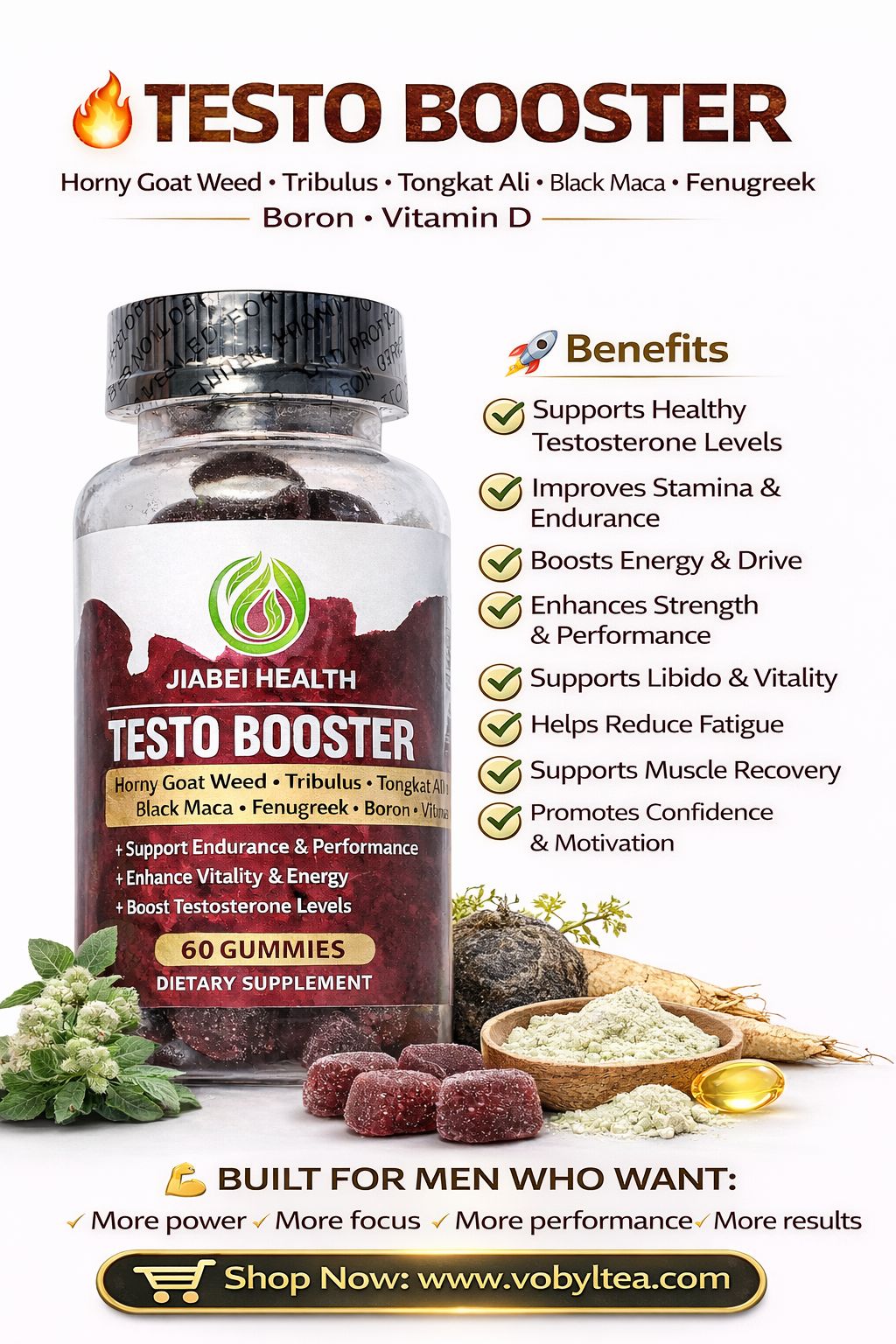 TESTO BOOSTER GUMMIES WITH TONGKAT ALI,BLACK MACA,BORON AMINO ACID,FENUGREEK,HORNYGOAT,TRIBULUS TERRESTRIES(Testosterone • Strength • Libido • Energy • Muscle Performance,for men who want more drive.)