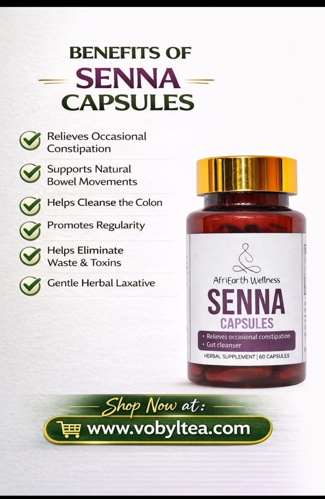 AFRIEARTH WELLNESS SENNA CAPSULES(For Constipation Relief • Detox • Bloating • Colon Cleanse • Digestive Support,Perfect for people struggling with sluggish bowels, hard stool, bloating.)