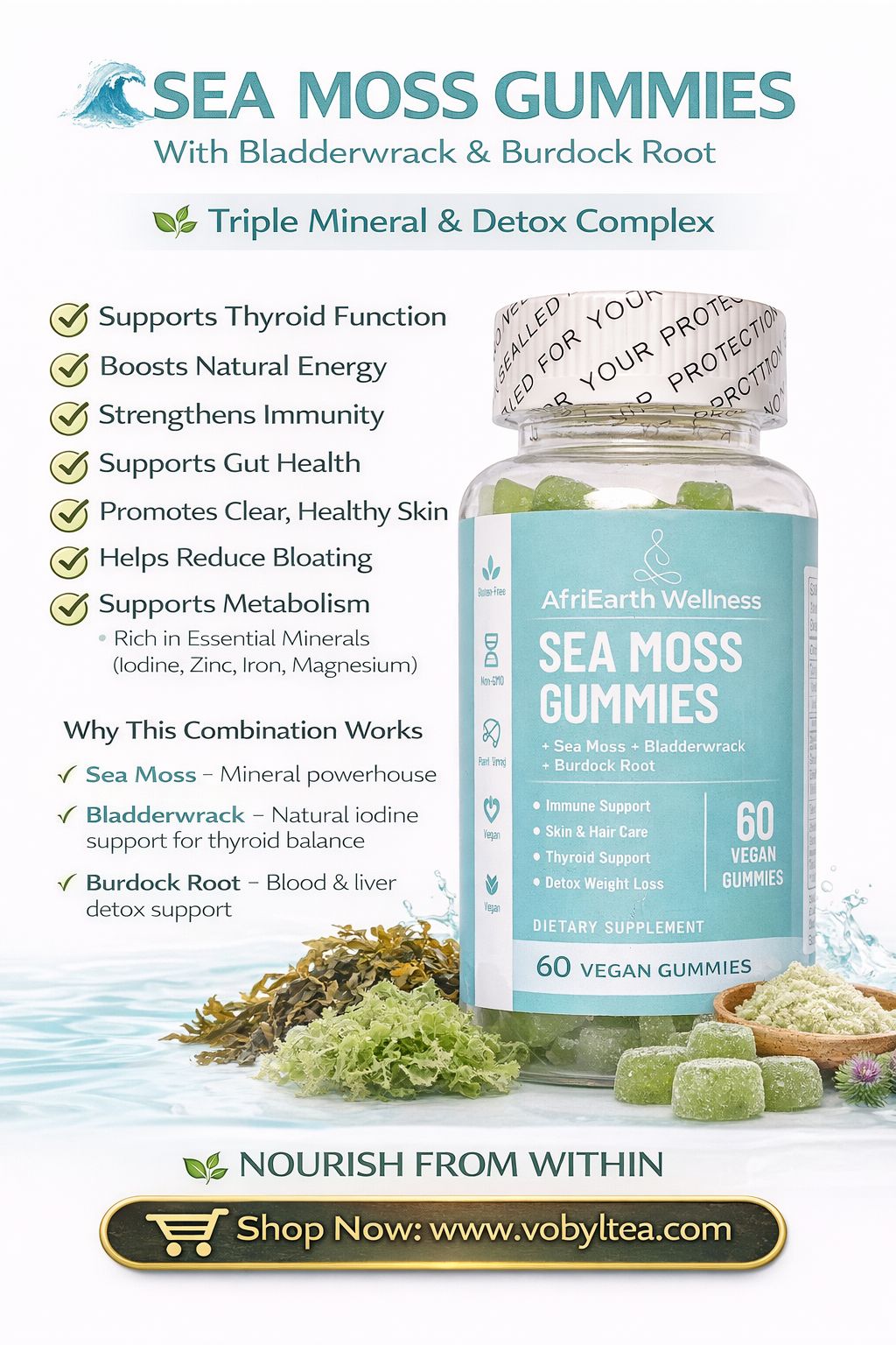 AFRIEARTH WELLNESS SEA MOSS GUMMIES WITH BLADDERWRACK &BURDOCK ROOT(For Immunity • Thyroid Health • Skin Glow • Digestion • Detox • Energy,used to nourish the body with minerals, support digestion.)