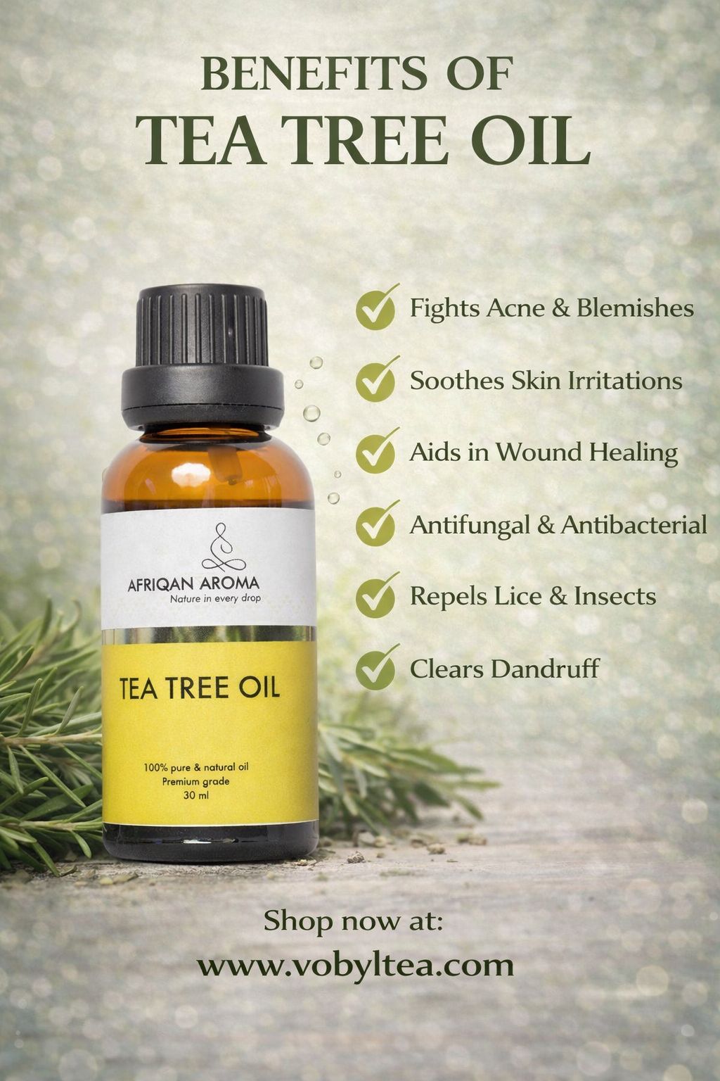 TEA TREE OIL (known for its antibacterial, antifungal, anti-inflammatory, and antimicrobial properties.. From banishing acne and soothing irritated skin to healing cuts and treating dandruff.)
