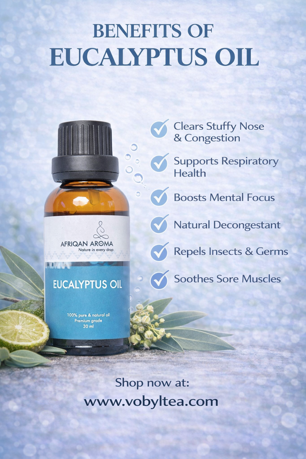 EUCALYPTUS OIL(known for its respiratory, anti-inflammatory, antiseptic, and pain-relieving effects.,remains one of the most powerful oils for breathing, immunity, and pain relief.)
