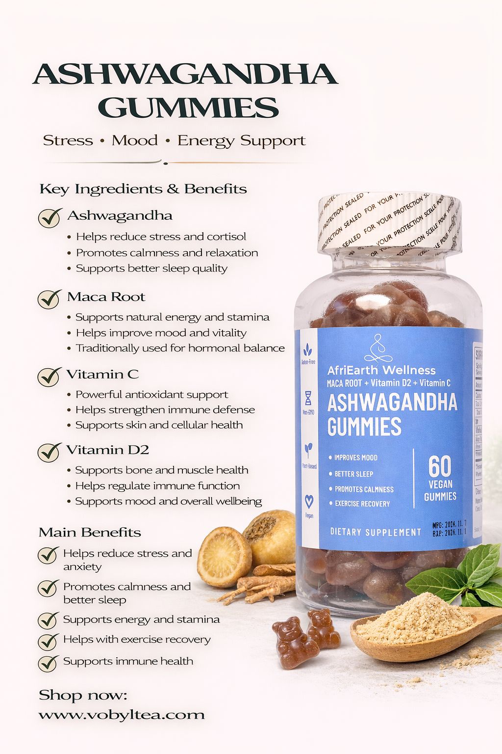 AFRIEARTH WELLNESS ASHWAGANDHA GUMMIES WITH MACA ROOT,VITAMIN C AND VITAMIN D2(to support stress relief, hormonal balance, mood elevation, immune strength, energy, and overall wellbeing.