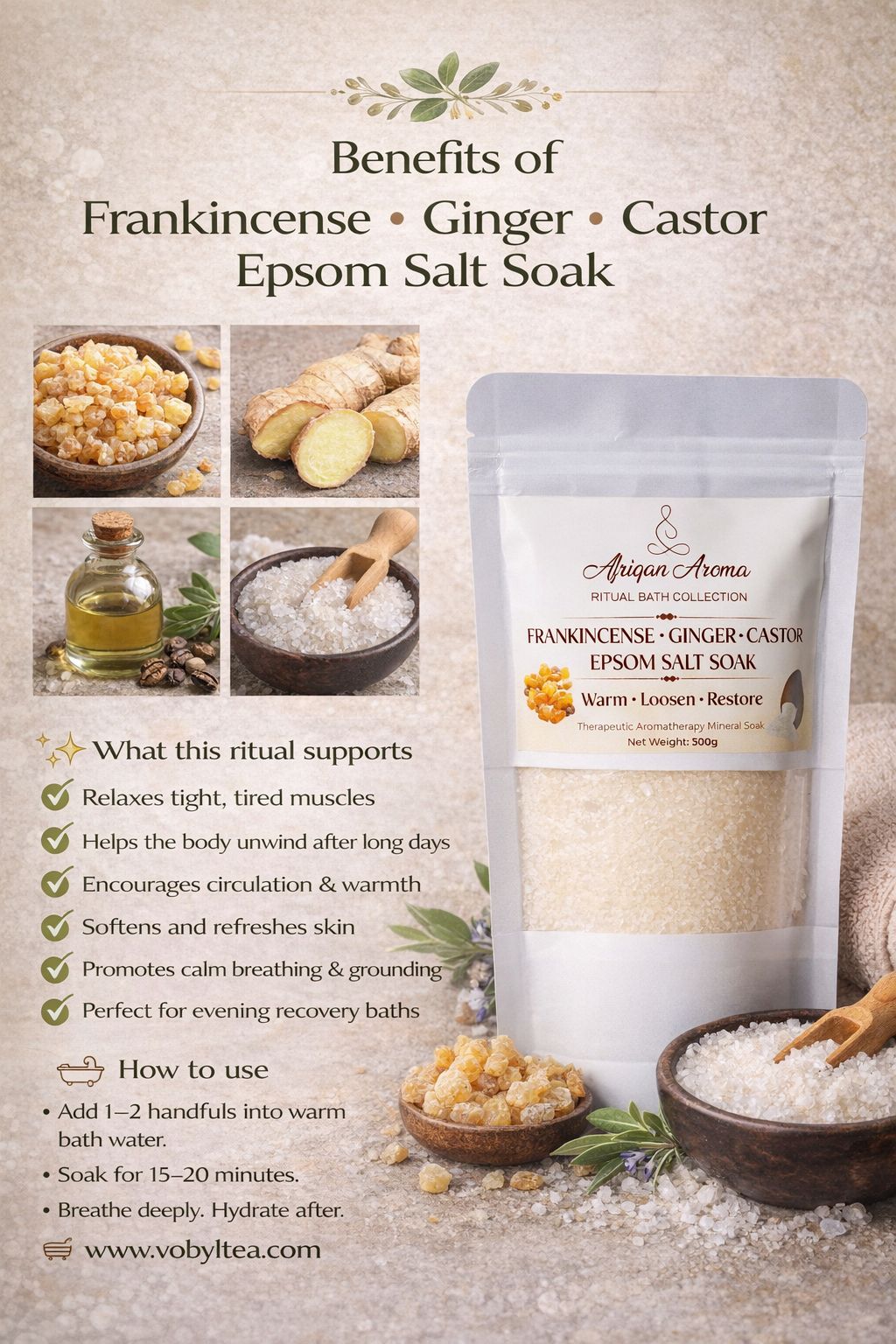 AFRIQAN AROMA RITUAL BATH COLLECTION EPSOM SALT WITH  GINGER,CASTOR AND FRANKINCENSE