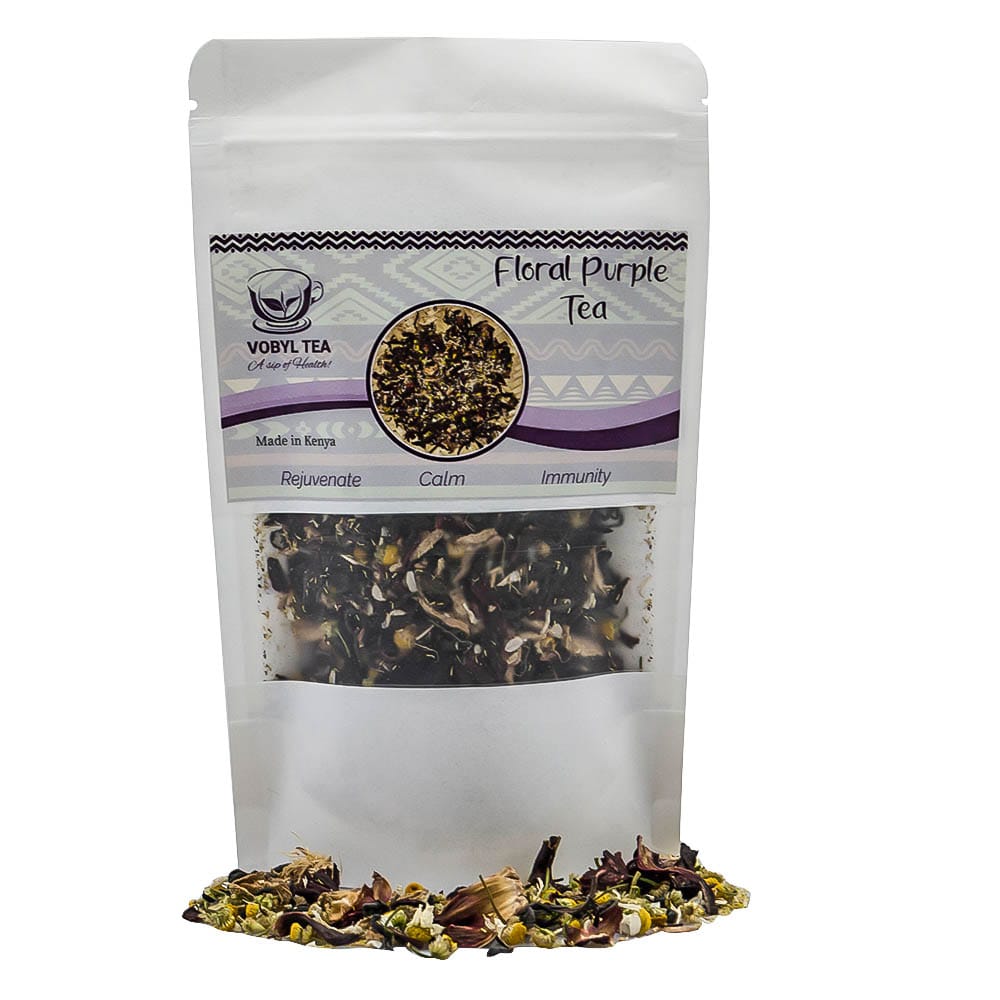 FLORAL PURPLE TEA WITH PURPLE TEA,GINGER,CHAMOMILE AND HIBISCUS(Purple tea provides powerful antioxidants ginger supports digestion,
hibiscus refreshes and nourishes the body,chamomile brings calm .)