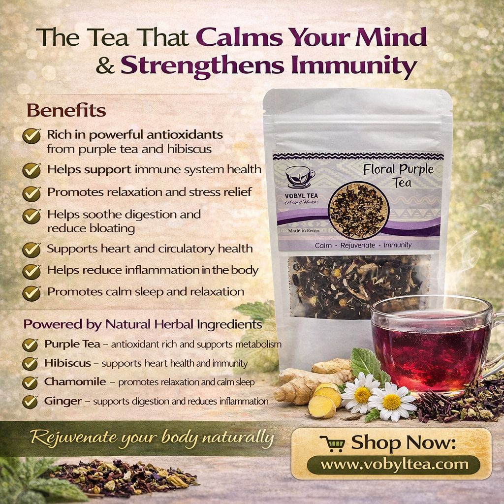 FLORAL PURPLE TEA WITH PURPLE TEA,GINGER,CHAMOMILE AND HIBISCUS(Purple tea provides powerful antioxidants ginger supports digestion,
hibiscus refreshes and nourishes the body,chamomile brings calm .)