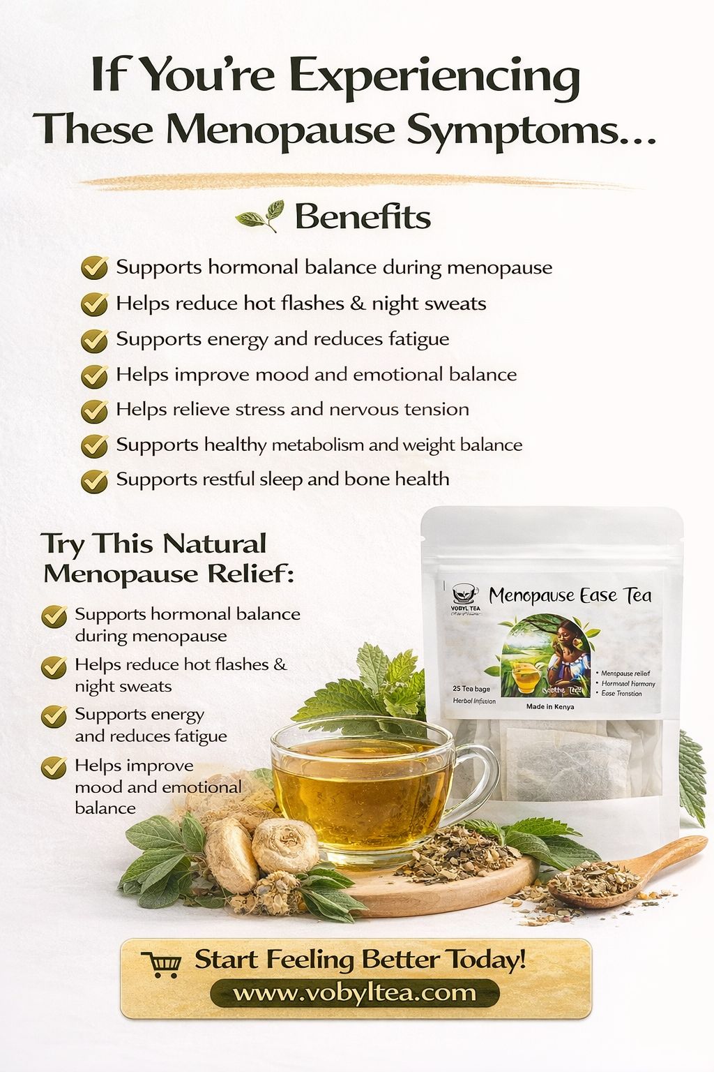 MENOPAUSE EASE TEA(With Dandelion • Red Maca • Ashwagandha • Sage • Nettle • Green Tea A soothing daily tea for women navigating hormonal transition with more comfort, clarity,& emotional balance .)