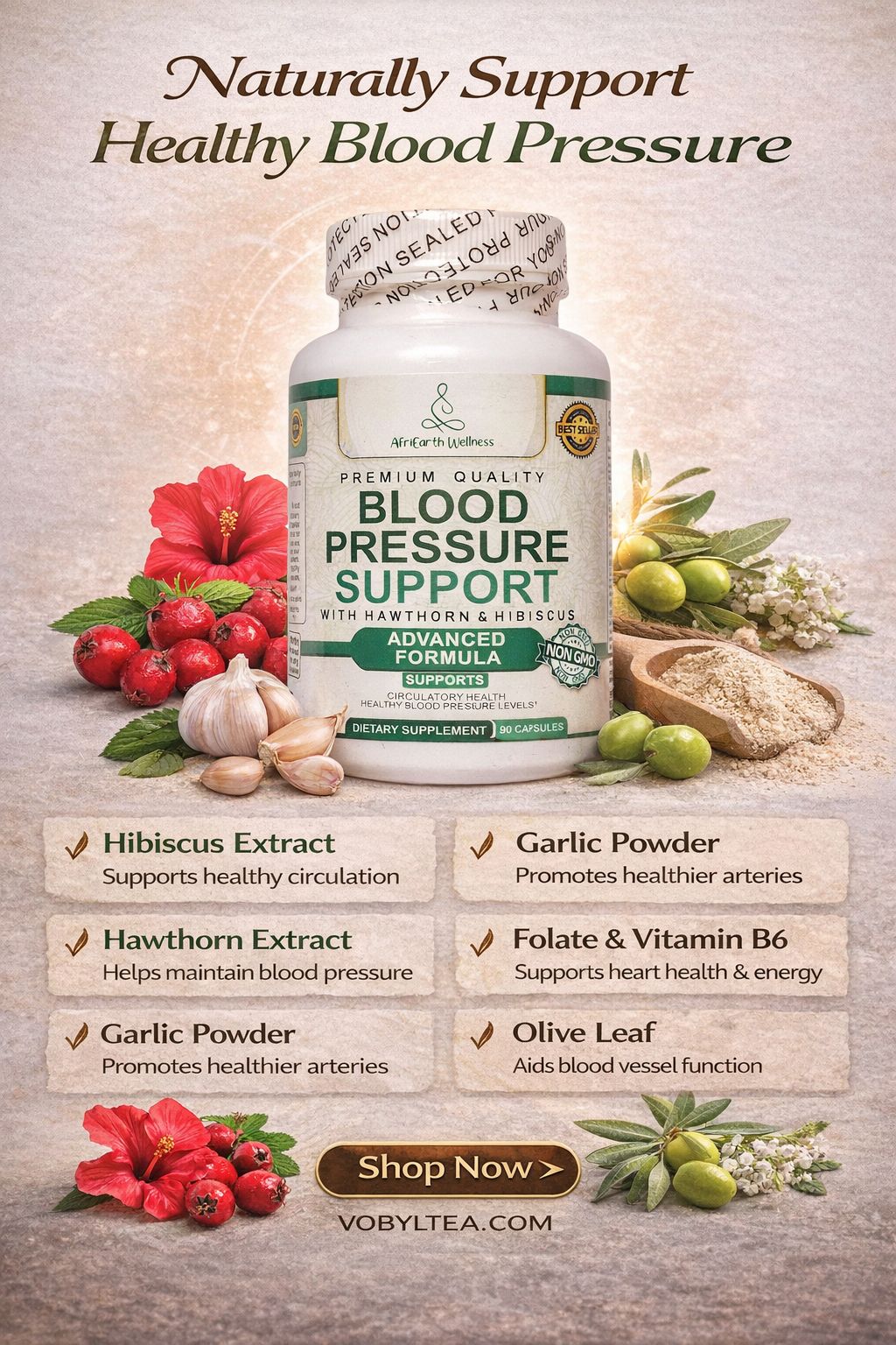 BLOOD PRESSURE SUPPORT CAPSULES(With hawthorn extracts,hibiscus flower ,green tea extracts,juniper berry,buchu leaf,vitamin b12,vitaminb6,niacin,folate,vitamin c,olive leaf ,garlic powder,uva ursi.)