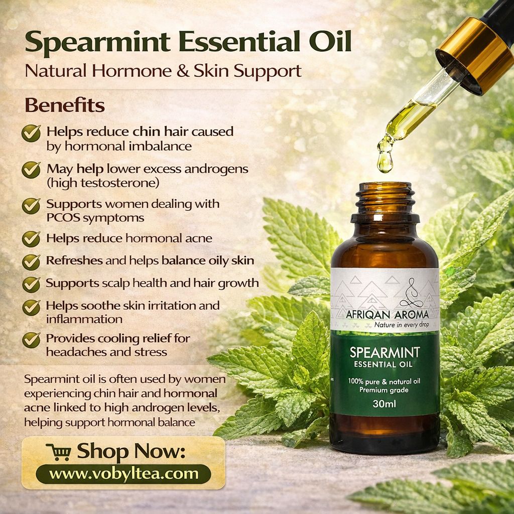 AFRIQAN AROMA SPEARMINT ESSENTIAL OIL  Spearmint essential oil is often used to help balance hormones, especially by gently reducing excess androgens.slow unwanted facial hair growth and aromatherapy.
