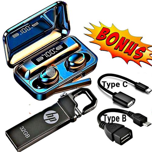 F9 Heavy Bass Earphones Bluetooth Wireless Earbuds // Earpods + Extra Bonus 3.0 Metallic 32 GB High Speed Flash usb Disk Drive 32GB + 2 OTG Cables